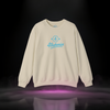 4 Tha Homies Neon Vibe Sweatshirt — sand-colored streetwear crewneck with vibrant cyan “4 Tha Homies” graphic and circle-4 emblem, premium fleece design by Sixth Stitch reflecting loyalty and energy.
