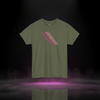 The Parallax Effect Tee in military green — futuristic streetwear t-shirt by Sixth Stitch with stacked neon “Sixth Stitch” logo cascade across chest, premium cotton fit designed to shift perspective.