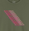 The Parallax Effect Tee in Military Green — detailed view of cascading neon pink “Sixth Stitch” logos printed diagonally across the chest, capturing depth, gradient color, and smooth fabric texture.