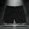black swim trunks with black drawstring, gold 3 + 3 = 6 hands, and gold Sixth Stitch signature on right leg.