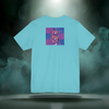 Back view of the Sixth Stitch Prism Pulse Tee in turquoise blue featuring a luminous 3D “6TH STITCH” emblem with neon magenta and blue reflections.