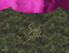 Close-up of Rock Bottom Camo Tee back embroidery — zoomed-in view of gold “Sixth Stitch” signature script on digital camo fabric, showcasing texture and logo precision.
