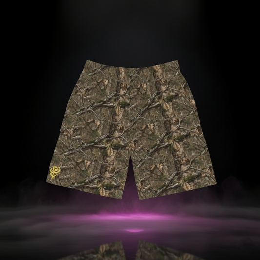 Sixth Stitch Rose in the Rough Shorts front view — camo streetwear shorts with golden rose embroidery, rugged design meets high-conscious fashion, modern fit inspired by nature and resilience.