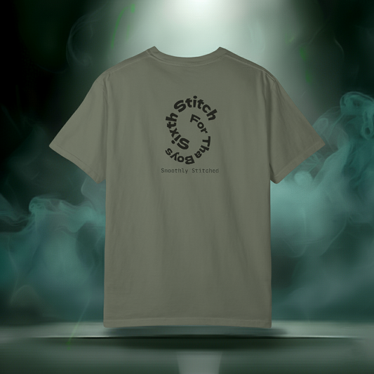 Sixth Stitch “Smooooth Stitched Tee” in moss green. Circular black “Sixth Stitch For Tha Boys” print on upper back with “Smoothly Stitched” text below.