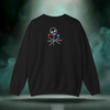 Back of Sixth Stitch Stitch and Bones Sweater in black featuring stylized skull and cross-needle graphic with “sixth stitch” text integrated into design. Represents coded rebellion and unity through the stitch.