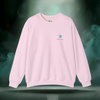 Front of Sixth Stitch Stitch and Bones Sweater in light pink featuring minimalist chest logo with square “S” emblem and “Sixth Stitch” wordmark. Soft cotton blend crewneck with ribbed cuffs and hem.