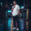 White Noise Polo in black stitch — modeled at night in neon-lit urban street, reflective wet pavement backdrop, minimalist embroidered design by Sixth Stitch blending street and sophistication.
